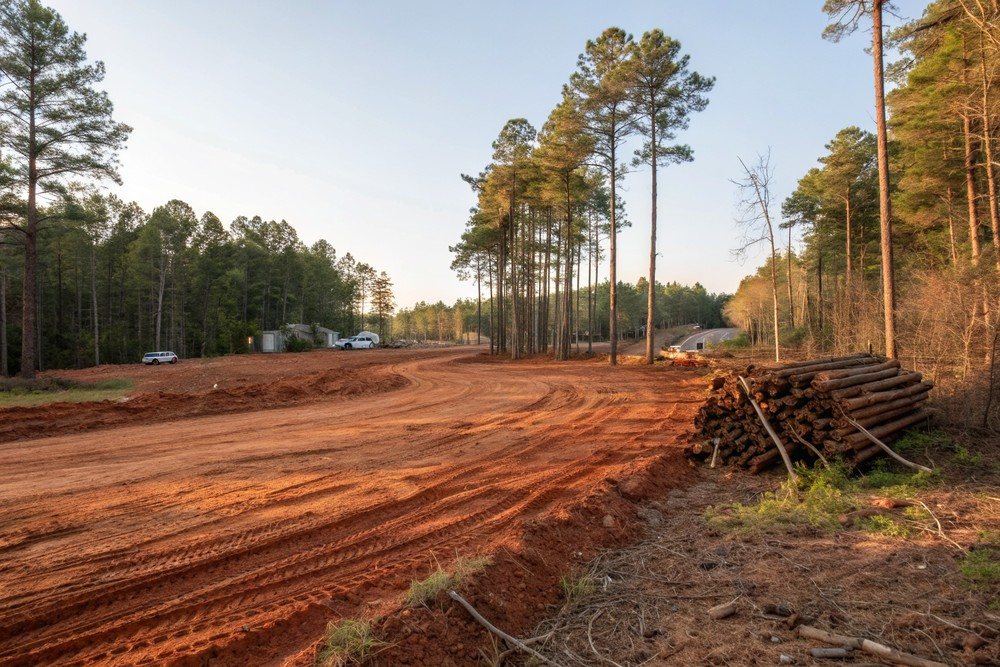 A freshly cleared red-clay lot with cut logs and brush stacked at one edge