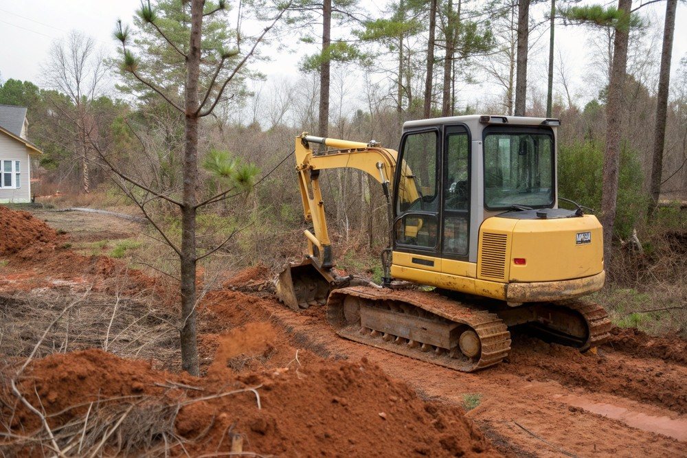 A mini excavator digging out small trees on a wooded red-clay lot